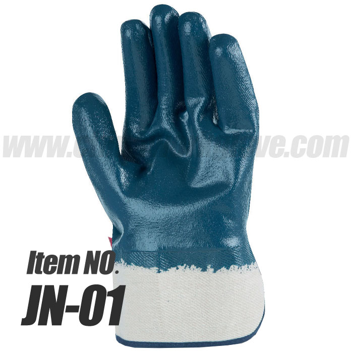 Full Blue Jersey Cotton Nitrile Gloves with Safety Cuff/Blue Nitrile Coated Oil Resistant Gloves, Safety Cuff
